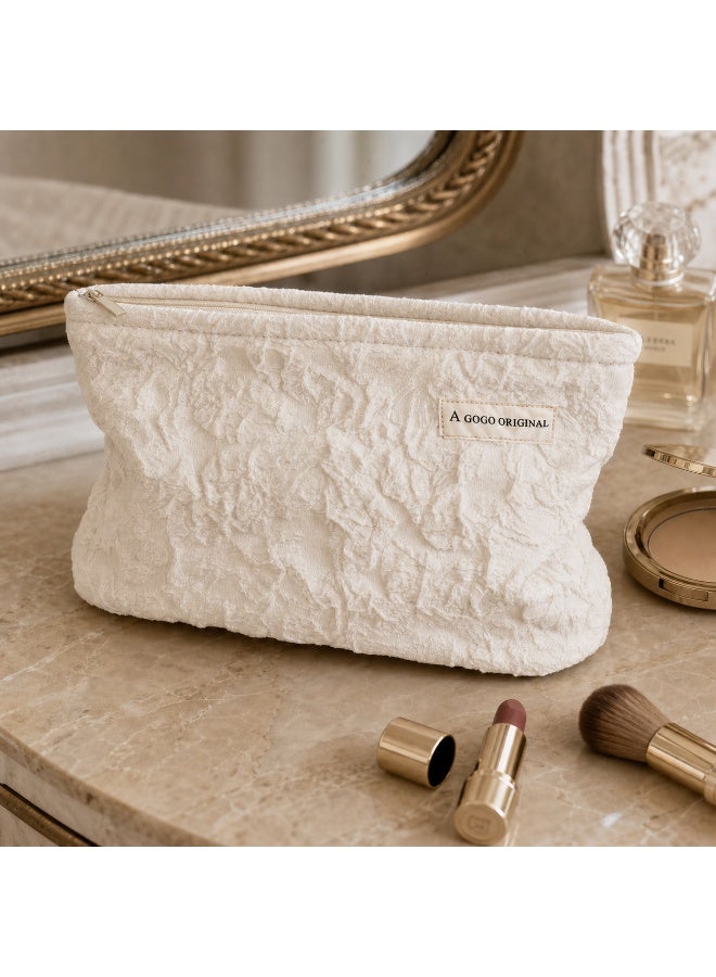 Large Floral Cosmetic Bag, 3D Embossed Fabric Makeup Pouch, Beige Cotton Lining, 26x19x5.5cm - Image 2