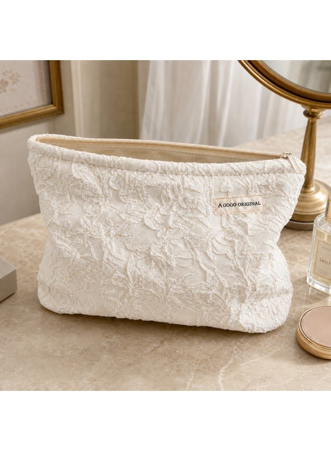 Large Floral Cosmetic Bag, 3D Embossed Fabric Makeup Pouch, Beige Cotton Lining, 26x19x5.5cm - Image 1