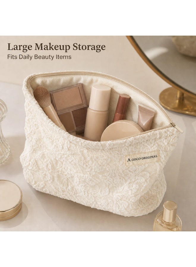 Large Floral Cosmetic Bag, 3D Embossed Fabric Makeup Pouch, Beige Cotton Lining, 26x19x5.5cm - Image 4