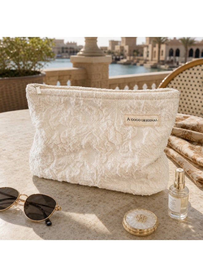 Large Floral Cosmetic Bag, 3D Embossed Fabric Makeup Pouch, Beige Cotton Lining, 26x19x5.5cm - Image 3