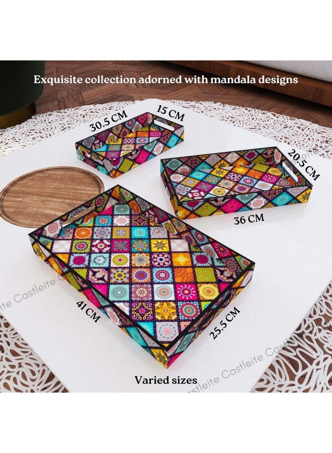 Castleite Elisa Mandala Rectangular Wooden Trays For Serving&Decoration-Set Of 3|Handcrafted Organizers With Cut-Out Handles For Dining&Home Decor|Epoxy Resin Finish-Size Small,Medium&Large(Honeydew) - Image 5