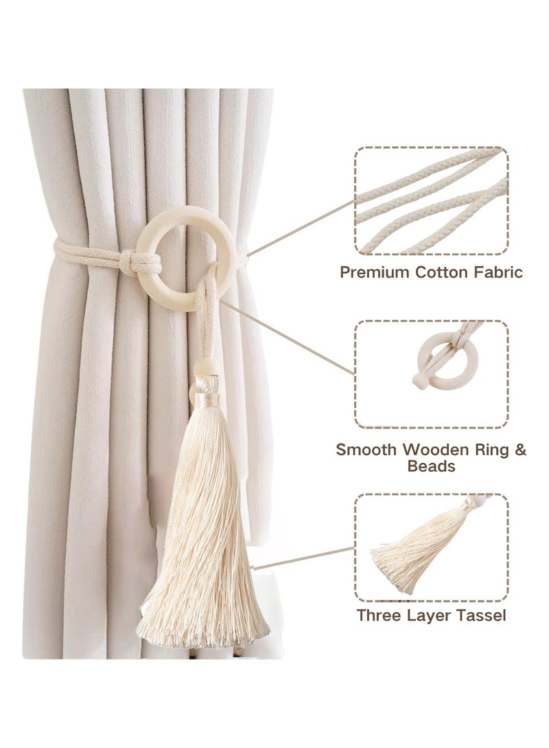 Forest Home 2PCS Boho Curtain Tiebacks with Tassel & Wooden Beads Handmade Wooden Ring Rope Curtain Tiebacks Drapery Curtain Holdbacks for Indoor Outdoor Drapes Decorative (Beige) - Image 2