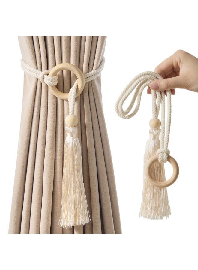 Forest Home 2PCS Boho Curtain Tiebacks with Tassel & Wooden Beads Handmade Wooden Ring Rope Curtain Tiebacks Drapery Curtain Holdbacks for Indoor Outdoor Drapes Decorative (Beige) - Image 5