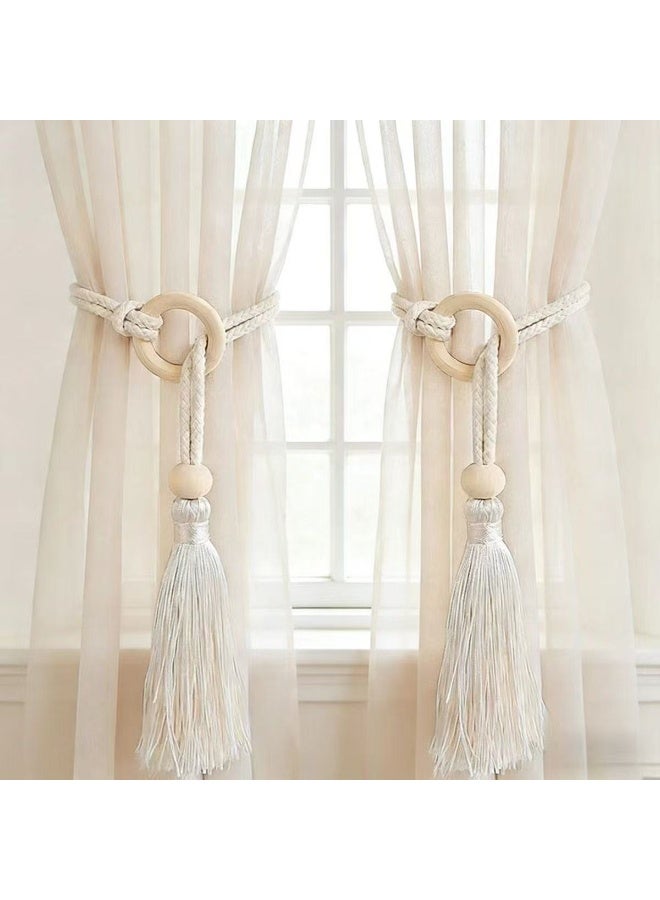 Forest Home 2PCS Boho Curtain Tiebacks with Tassel & Wooden Beads Handmade Wooden Ring Rope Curtain Tiebacks Drapery Curtain Holdbacks for Indoor Outdoor Drapes Decorative (Beige) - Image 4