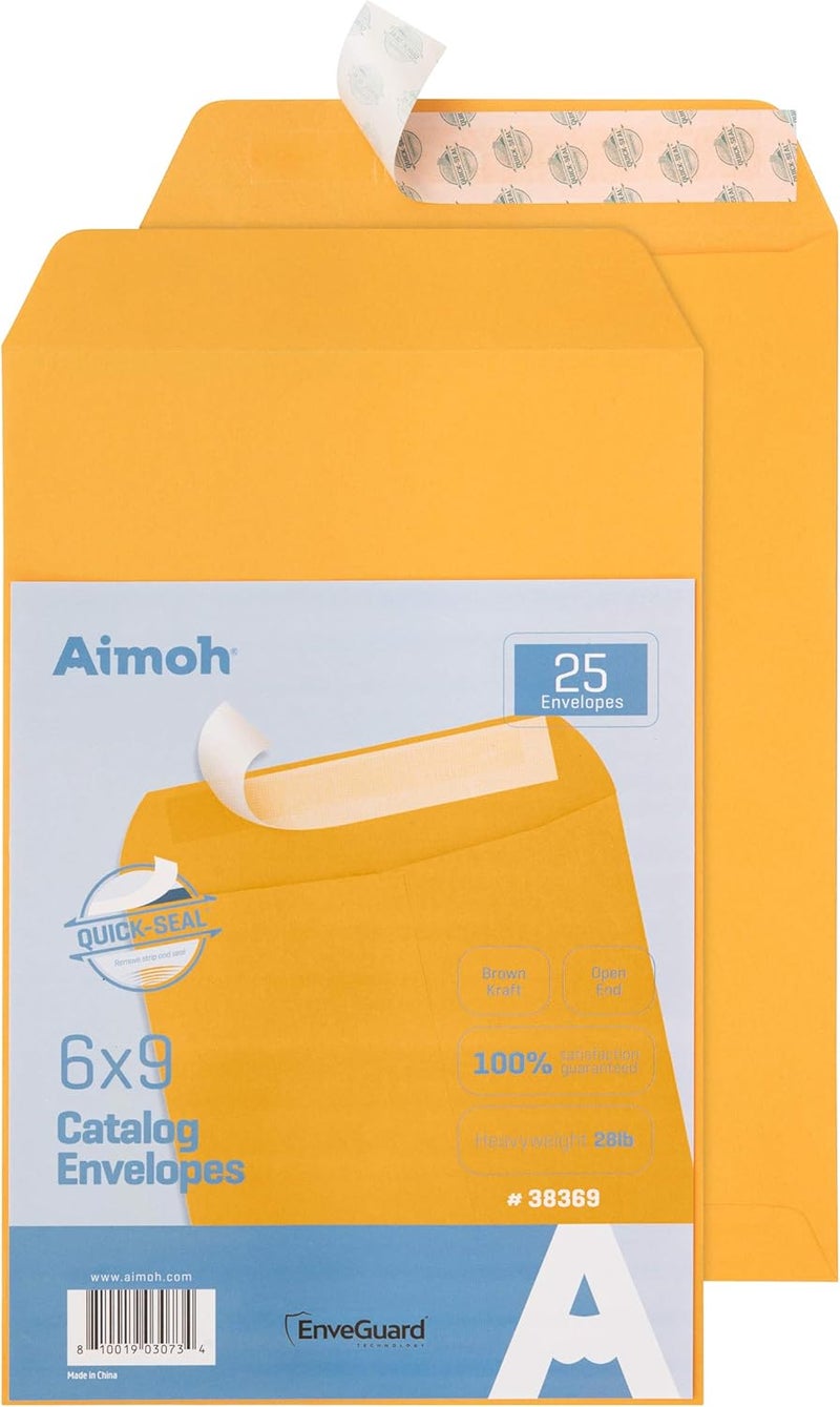 Aimoh 25 6x9 Self Seal Brown Kraft Catalog Envelopes - 28lb, 25 Count, Ultra Strong Quick-Seal, 6 x 9 inch (38369) - Image 1
