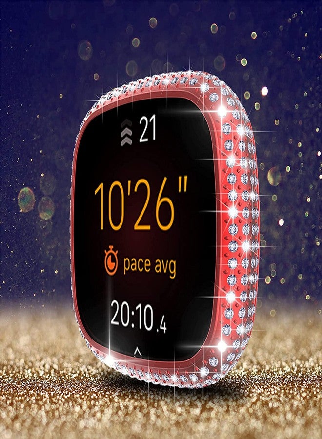 متوافق مع Fitbit Versa 3 غطاء حماية كامل مطلي بالماس من البولي كربونات، مرصع بأحجار كريستالية لامعة، بإطار لامع، غطاء حماية صلب لـ Fitbit Sense (Fitbit Versa 3/Fitbit Sense، أحمر) - Image 3