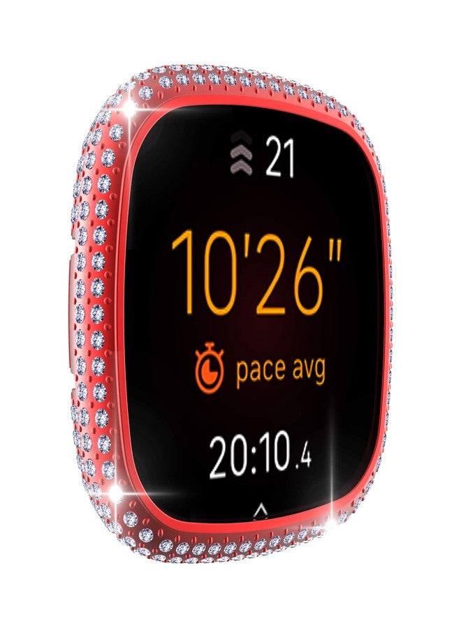 متوافق مع Fitbit Versa 3 غطاء حماية كامل مطلي بالماس من البولي كربونات، مرصع بأحجار كريستالية لامعة، بإطار لامع، غطاء حماية صلب لـ Fitbit Sense (Fitbit Versa 3/Fitbit Sense، أحمر) - Image 1