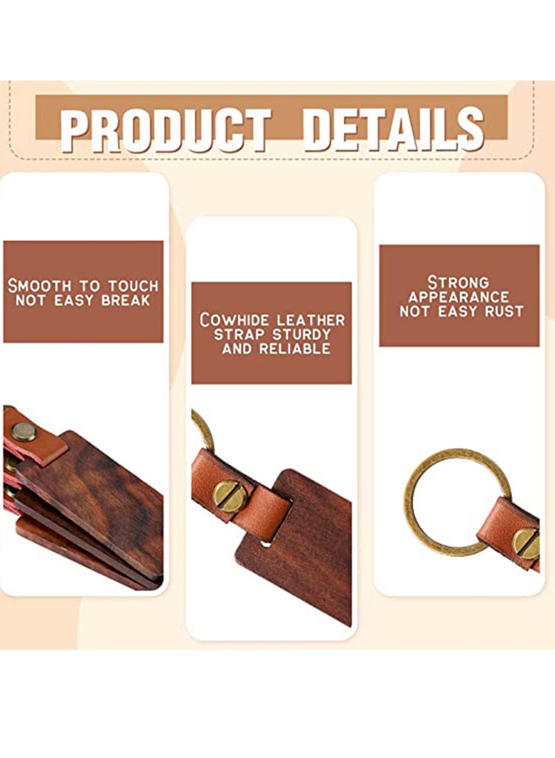Excefore Wood Keychain Blanks No Engraving Rectangular Key Chain with Leather Ring DIY Lettering Pattern for Bag Ornaments Luggage Name Tags Ornaments with Holes Wedding Birthday Party Gift 10 PCS - Image 3