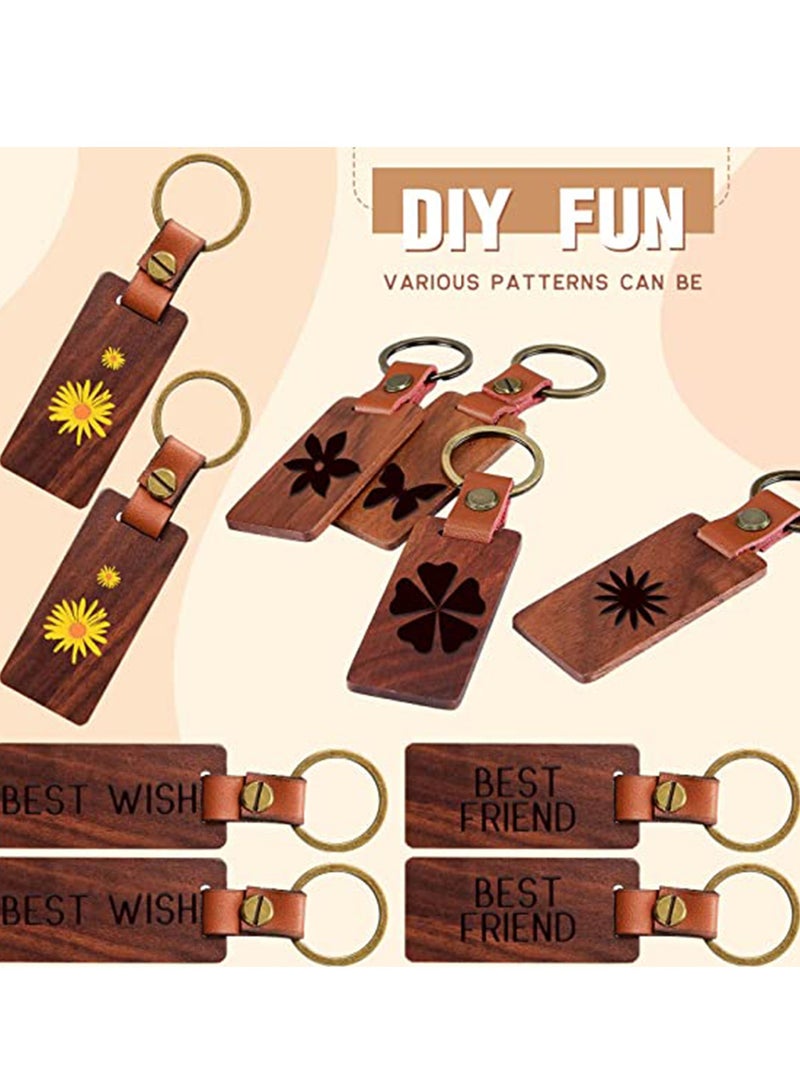 Excefore Wood Keychain Blanks No Engraving Rectangular Key Chain with Leather Ring DIY Lettering Pattern for Bag Ornaments Luggage Name Tags Ornaments with Holes Wedding Birthday Party Gift 10 PCS - Image 4