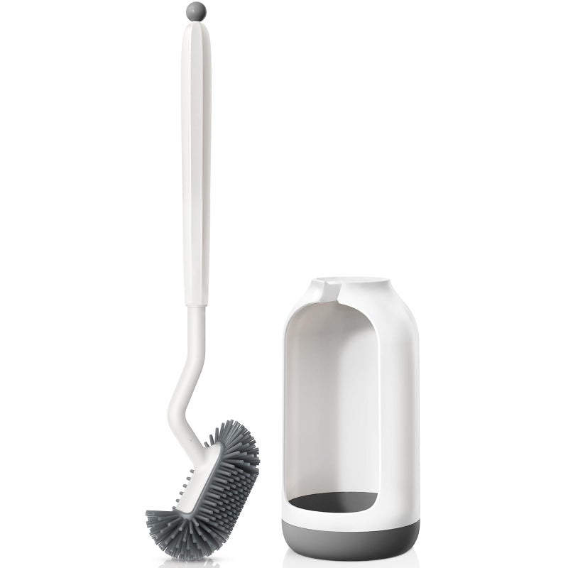 HAMITOR Toilet Bowl Brush Holder Set Deep Cleaning Silicone Toilet Cleaner Scrubber Under Rim with Curved Bristle for Bathroom Dead Corner Clean Modern Rv Toilet Decorative Accessories White