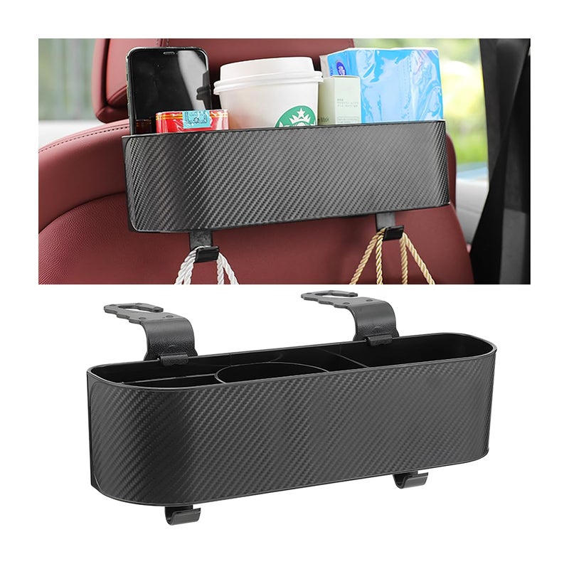 BELOMI Car Headrest Backseat Organizer with Cup Holder, Seat Back Hanging Storage Box with Hooks, Multi-Functional Drink Pocket Food Snack Phone Tray for Kids, Car Travel Accessories (Black) - Image 1
