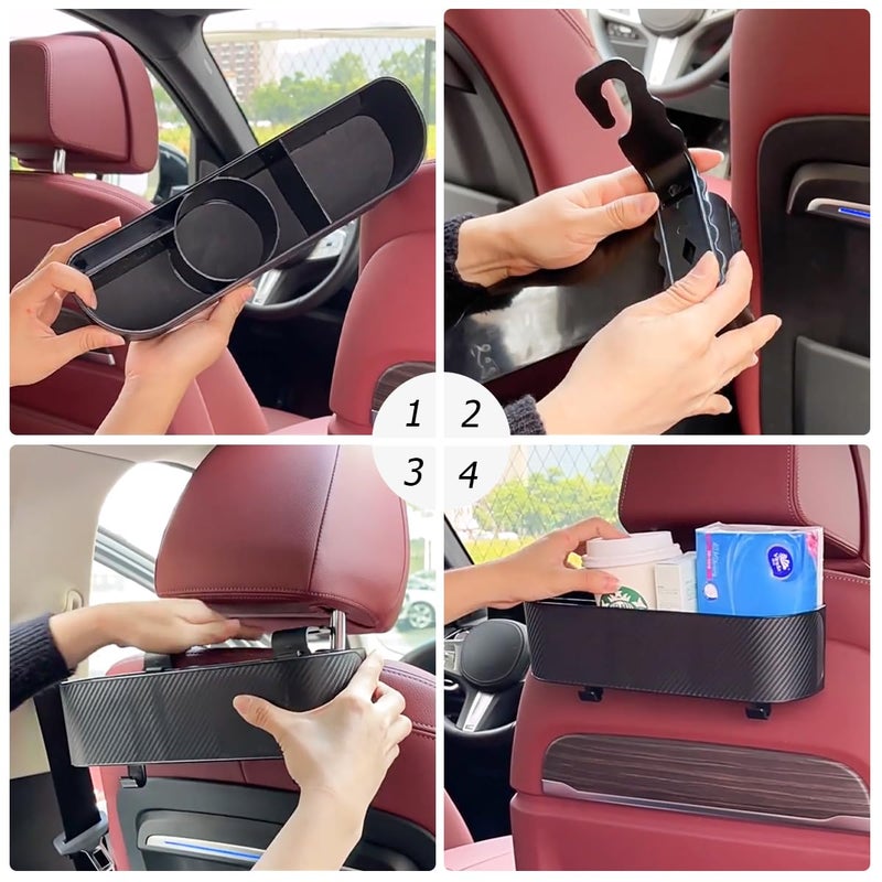 BELOMI Car Headrest Backseat Organizer with Cup Holder, Seat Back Hanging Storage Box with Hooks, Multi-Functional Drink Pocket Food Snack Phone Tray for Kids, Car Travel Accessories (Black) - Image 3