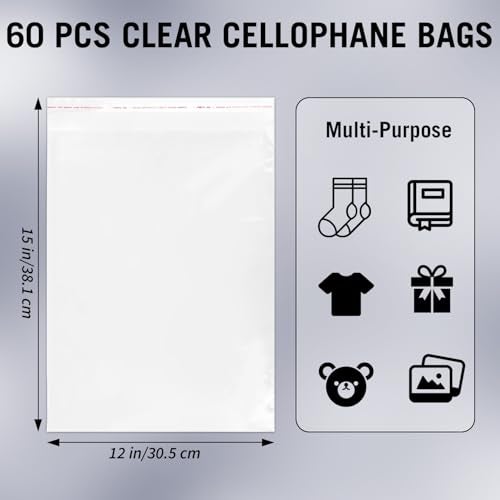 CUDICY Clear Cellophane Plastic Bags 60Pcs 12x15 Resealable Packaging Bags for Clothing Shirts Gifts Self Sealing Shiping Bags for Clothes Small Business - Image 2