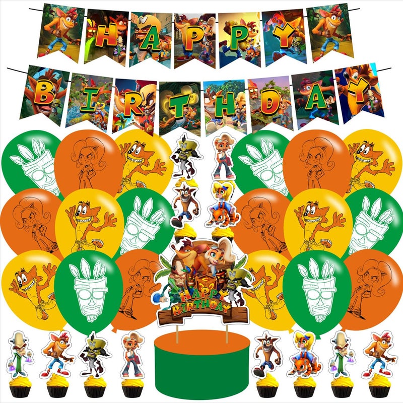 Crash Bandicoot Birthday Party Decoration Banner Cake Topper and Latex Balloons for Movie Party Supplies