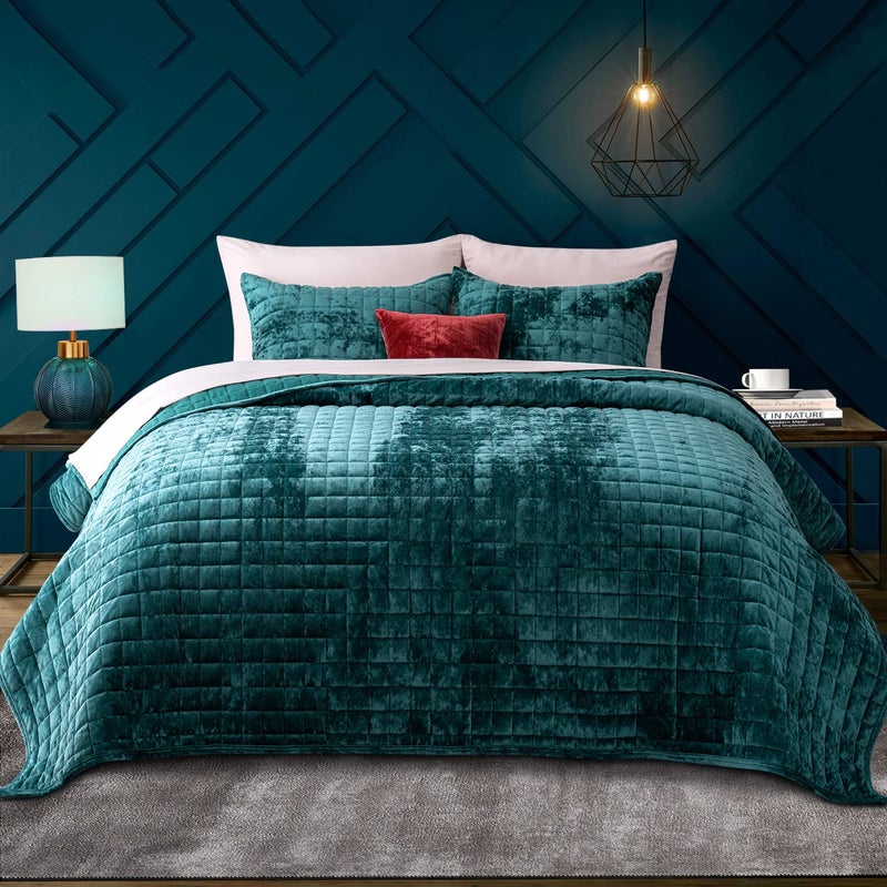 RECYCO Luxury Velvet Quilt Set Full Queen Size, Lightweight Velvet Comforter Set, Oversized Bedspread Coverlet Quilted Bedding Set, with 2 Matching Pillow Shams, for All Season, Teal - Image 1