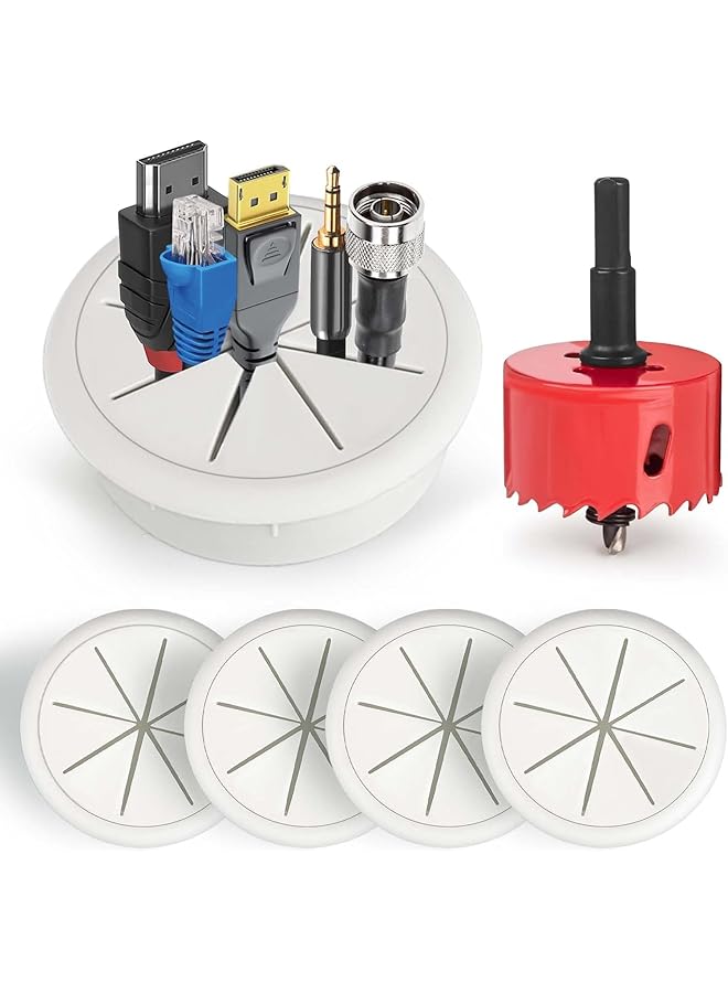 promass 4 Pcs TV Cord Hide for Wall,TV Cable Hider,TV Wire Hider Cable Grommet Cable Hole Cover with 1 Hole Saw Drill Attachment,Cable Management Kit for Office and Home Table Cable (60mm Hole) - Image 1
