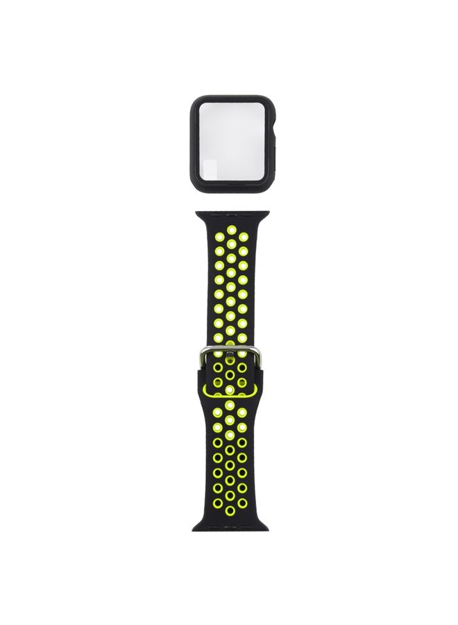 BURAQ Protective Cover Silicone Watch Band + Protective Case with Screen Protector Set For Apple Watch Series 3 & 2 & 1 42mm(Black Yellow)