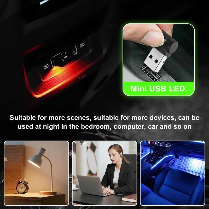 Suvnie سفني 2 قطع مصباح LED صغير USB، 8 ألوان RGB مصباح داخلي للسيارة، إضاءة جوية، سطوع قابل للتعديل، مصباح ليلي ذكي للكمبيوتر المحمول، ديكور المنزل والمكتب، ملحقات السيارة - Image 5