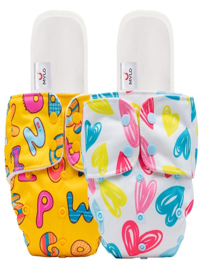 Mylo Leak-Proof Baby Cloth Diaper Combo (2 Diapers + 2 Inserts) | Free Size (3M-3Y) | High Absorption | Quick Dry | Oeko-Tex Certified | Washable - ABC & Heart Doodles - Image 1