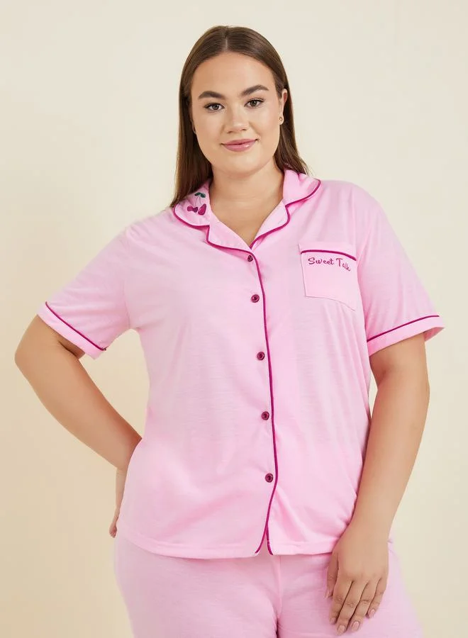 Styli Plus Sweet Talk Graphic Contrast Piping Button Through Shirt & Pyjama Set