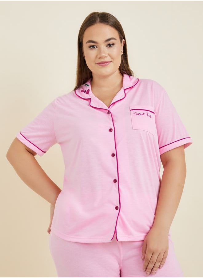 Styli - Plus Sweet Talk Graphic Contrast Piping Button Through Shirt & Pyjama Set - Image 1