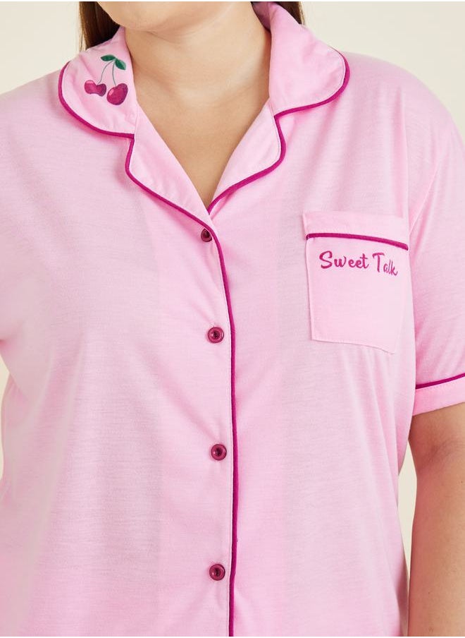 Styli - Plus Sweet Talk Graphic Contrast Piping Button Through Shirt & Pyjama Set - Image 1