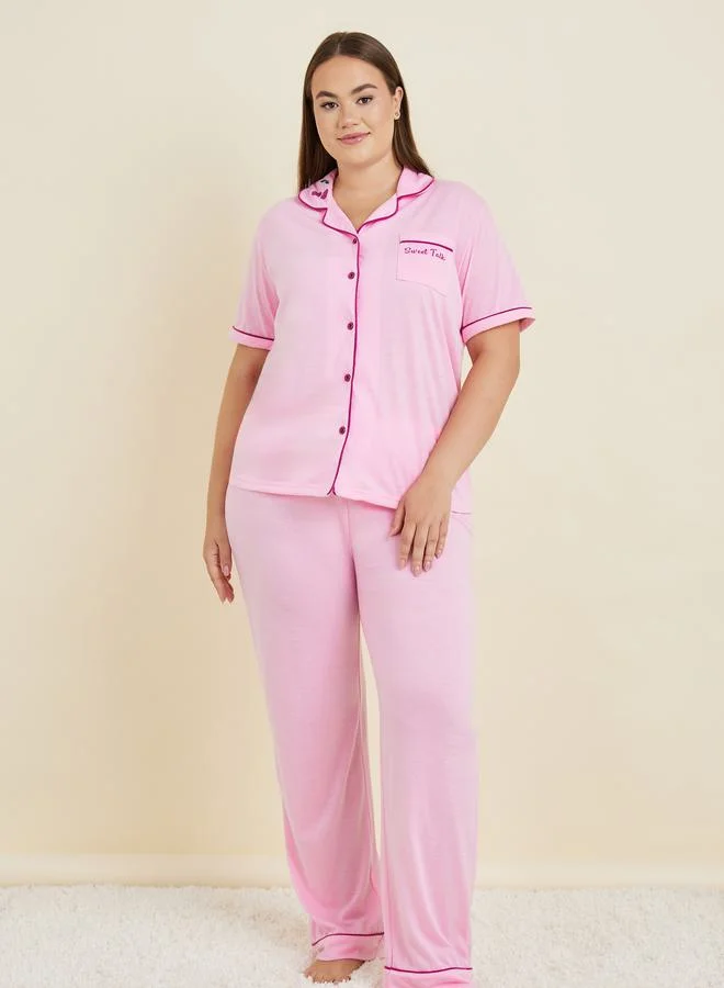 Styli Plus Sweet Talk Graphic Contrast Piping Button Through Shirt & Pyjama Set