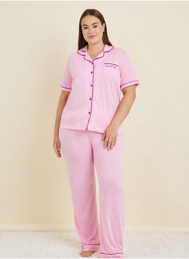 Styli - Plus Sweet Talk Graphic Contrast Piping Button Through Shirt & Pyjama Set - Image 1
