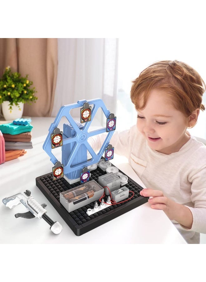 DIY Electrical Rotating Bow and Arrow Shooting Range – 66 Pcs STEM Educational Toy Set for Kids – Motorized Archery Game with Safe Foam Arrows – Blue