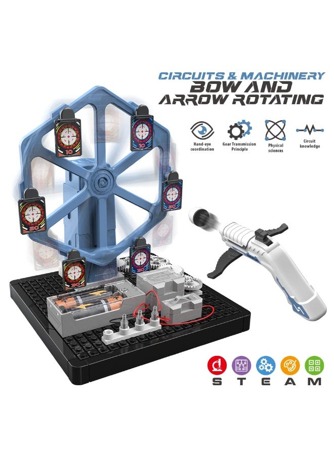 DIY Electrical Rotating Bow and Arrow Shooting Range – 66 Pcs STEM Educational Toy Set for Kids – Motorized Archery Game with Safe Foam Arrows – Blue