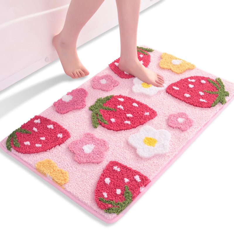 Anybar Pink Bathroom Rugs Cute Strawberry Flower Bath Mat Bathroom Accessories Funny Colorful Non Slip Floor Bath Rug Machine Washable Bathmat Soft Microfiber Carpet for Shower Bathtub 18x25 inch