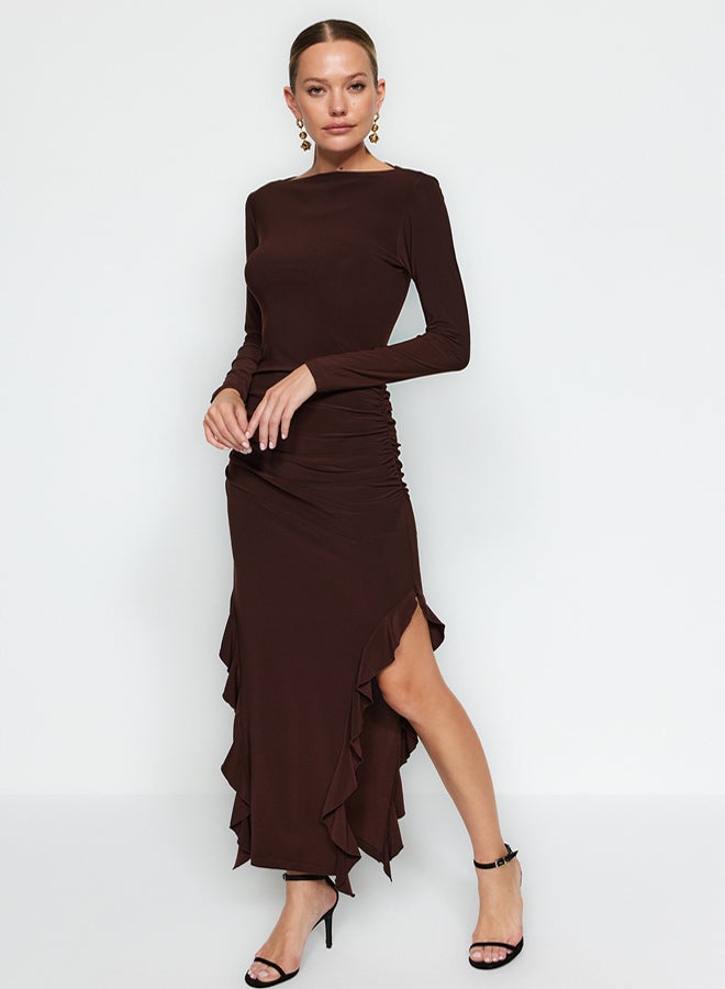 trendyol Brown Skirt Flounced Boat Kaya Maxi Stretchy Knitted Dress - Image 3