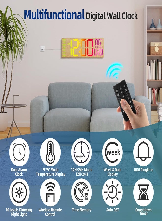 LEIKE 16" Large Wood Digital Wall Clock with RGB LED Display,Night Light,Auto Brightness/DST,Dual Alarms,Temperature,Timer - Modern Decor for Living Room, Kitchen, Classroom, Gym, Seniors Friendly - Image 2