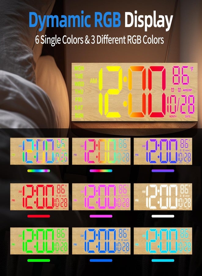 LEIKE 16" Large Wood Digital Wall Clock with RGB LED Display,Night Light,Auto Brightness/DST,Dual Alarms,Temperature,Timer - Modern Decor for Living Room, Kitchen, Classroom, Gym, Seniors Friendly - Image 4