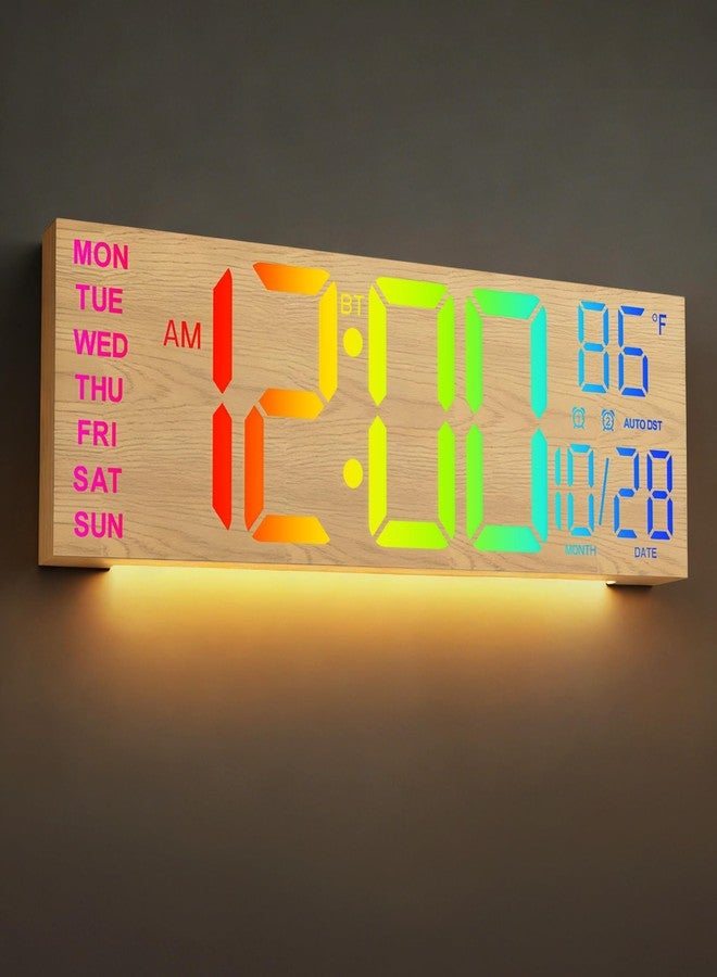 LEIKE 16" Large Wood Digital Wall Clock with RGB LED Display,Night Light,Auto Brightness/DST,Dual Alarms,Temperature,Timer - Modern Decor for Living Room, Kitchen, Classroom, Gym, Seniors Friendly - Image 1