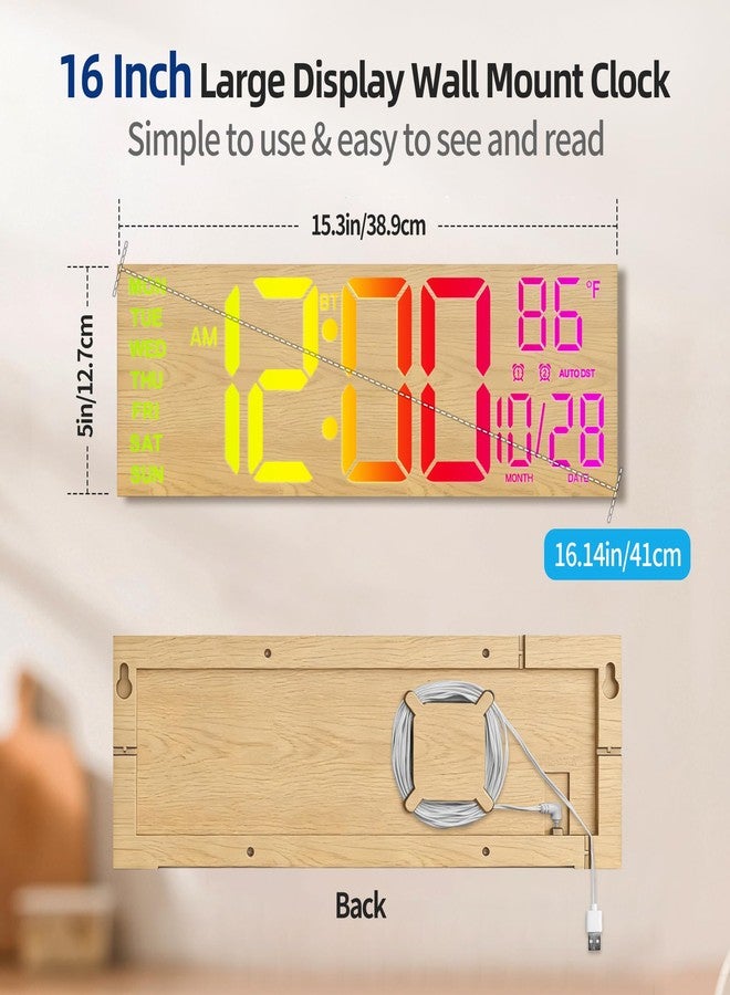 LEIKE 16" Large Wood Digital Wall Clock with RGB LED Display,Night Light,Auto Brightness/DST,Dual Alarms,Temperature,Timer - Modern Decor for Living Room, Kitchen, Classroom, Gym, Seniors Friendly - Image 3