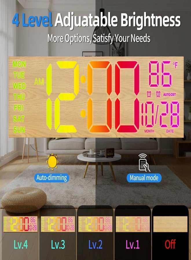 LEIKE 16" Large Wood Digital Wall Clock with RGB LED Display,Night Light,Auto Brightness/DST,Dual Alarms,Temperature,Timer - Modern Decor for Living Room, Kitchen, Classroom, Gym, Seniors Friendly - Image 5