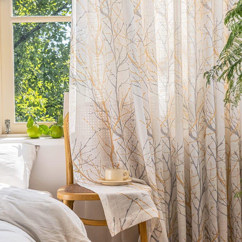 FMFUNCTEX Grey White Curtains for Living Room 108  Yellow Tree Branches Print Curtain Set Linen Textured Semi-Sheer Window Drapes for Bedroom Grommet Top  2 Panels