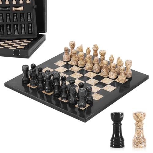MARBLE RANGE Marble Chess Set for Adults 10 Handmade Black Coral Board Game with 32 Chess Pieces 2 Extra Queens Storage Box Luxury Travel Game Elegant for Home Decor - Image 1