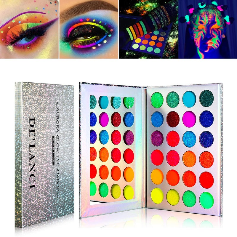 DE'LANCI Neon Eyeshadow Palette Glow in the Dark, Aurora Glow Eyeshadow Pallets Stage, Halloween Christmas Makeup Kit UV Blacklight Matte and Glitter Fluorescent Eye Shadows Highly Pigment - Image 1