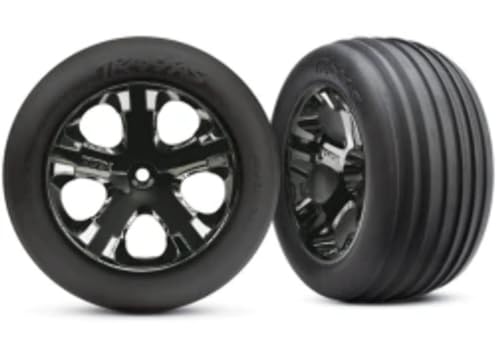 Traxxas 3771A Alias Ribbed Tires PreGlued on 28 AllStar Black Chrome Wheels front pair - Image 1