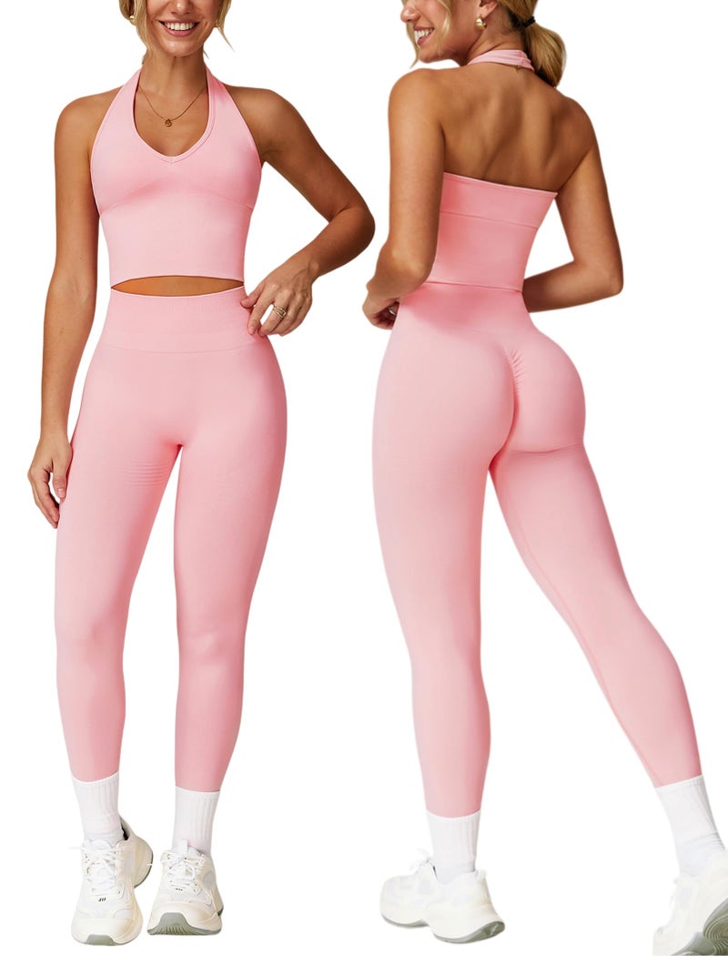 ABOCIW Workout Sets for Women 2 Piece Seamless V Neck Halter Tank Top with Bra Scrunch Butt Lifting High Waist Leggings Gym Sets Work Out Clothes Peach Pink Large - Image 1