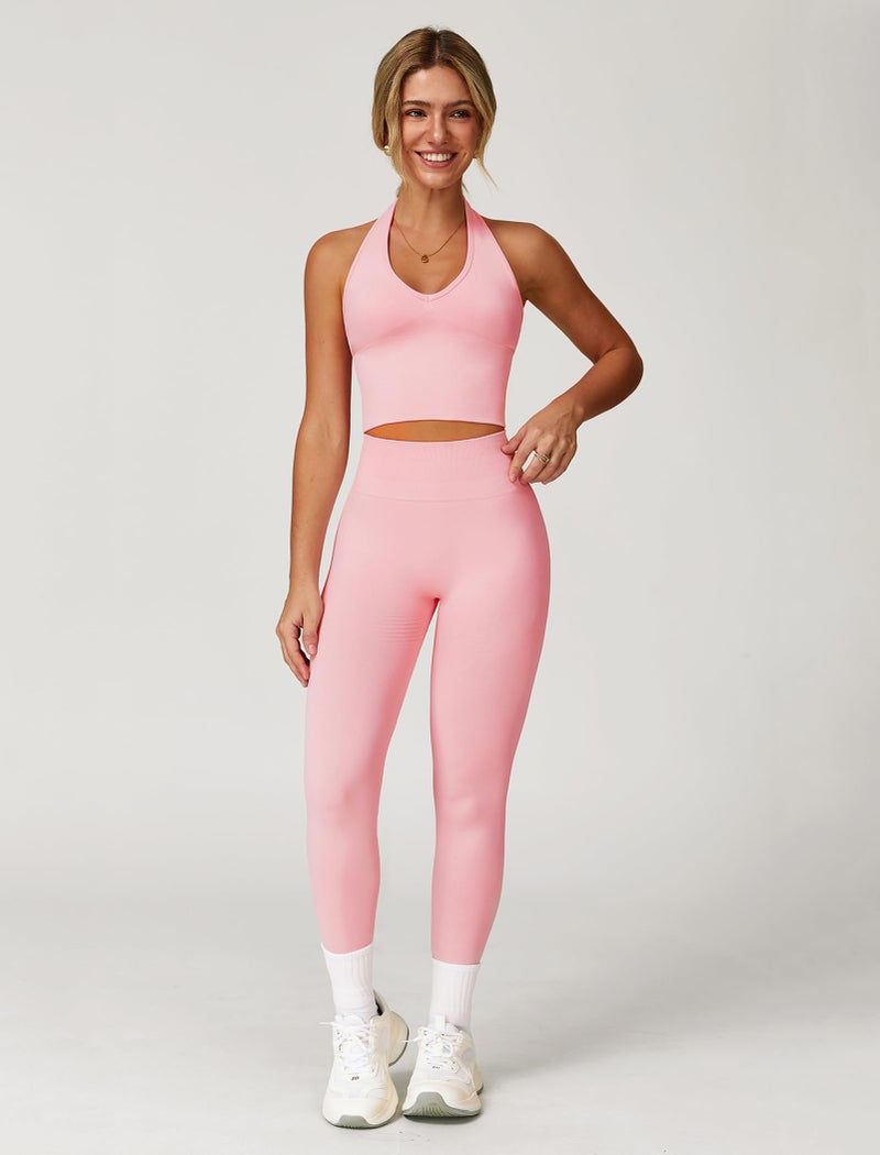ABOCIW Workout Sets for Women 2 Piece Seamless V Neck Halter Tank Top with Bra Scrunch Butt Lifting High Waist Leggings Gym Sets Work Out Clothes Peach Pink Large - Image 2
