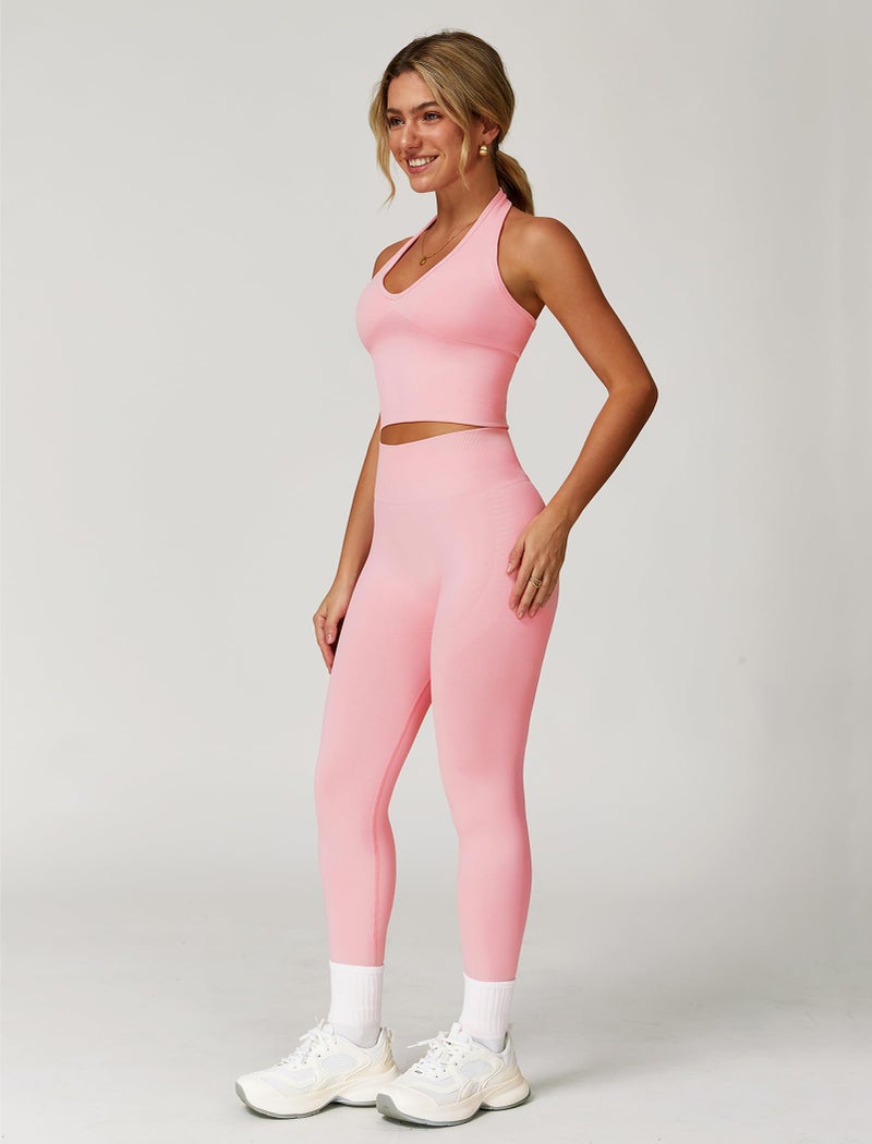 ABOCIW Workout Sets for Women 2 Piece Seamless V Neck Halter Tank Top with Bra Scrunch Butt Lifting High Waist Leggings Gym Sets Work Out Clothes Peach Pink Large - Image 3
