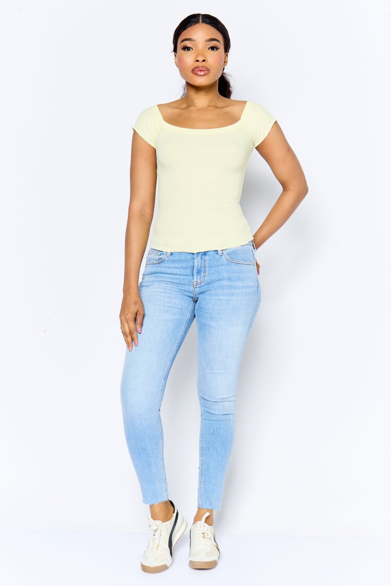 DeFacto Women Off Shoulder Ribbed Top, Yellow - Image 2