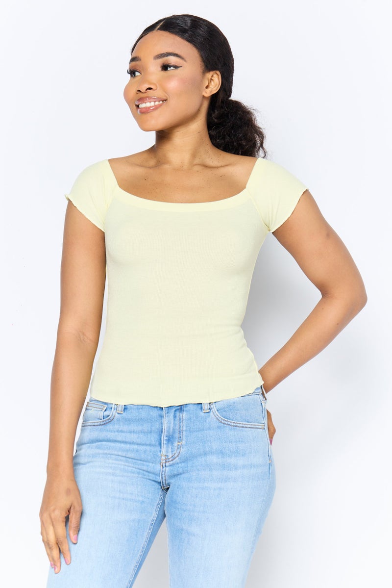 DeFacto Women Off Shoulder Ribbed Top, Yellow - Image 1