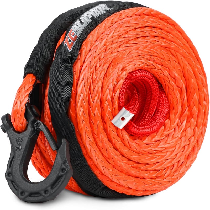 ESUPER 3/8" x 100ft Synthetic Winch Rope Dyneema 12 Strand Winch Cable Car Tow Recovery Cable Winch Line Recovery Kit Winch Replacement Cable 26500 lbs for 4WD Off Road Vehicle Truck SUV Jeep(Gray) - Image 1