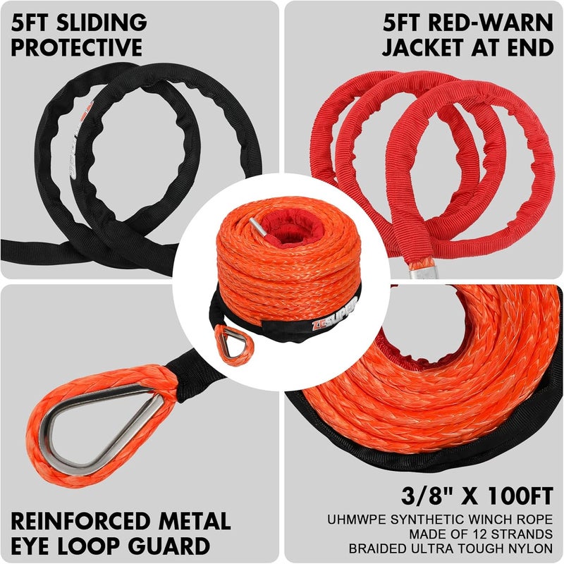 ESUPER 3/8" x 100ft Synthetic Winch Rope Dyneema 12 Strand Winch Cable Car Tow Recovery Cable Winch Line Recovery Kit Winch Replacement Cable 26500 lbs for 4WD Off Road Vehicle Truck SUV Jeep(Gray) - Image 2