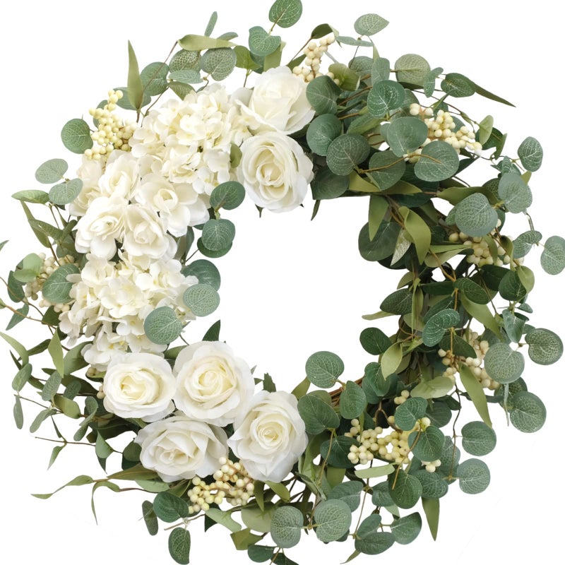 TEMPUS 20" Hydrangeas Spring Wreath for Front Door, Artificial Summer Green Wreaths with White Peony Flowers for Farmhouse Home Wedding Party Wall Windows Outdoor Decor（White） - Image 1