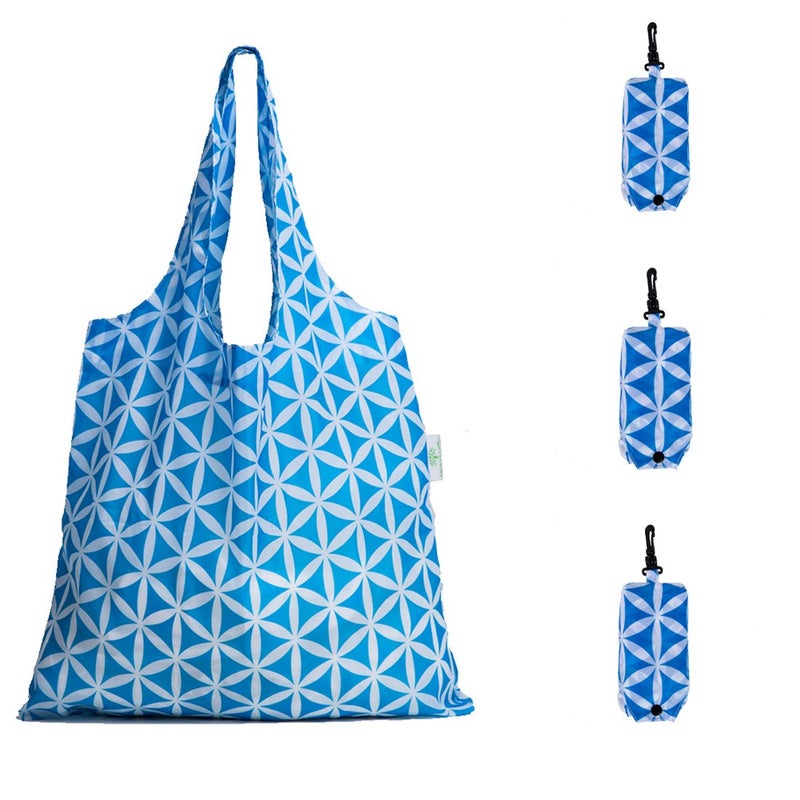 HOLYLUCK Reusable Grocery BagsHeavy Duty Foldable Shopping Tote Bag Standard 3 Blue Geometric Flowers